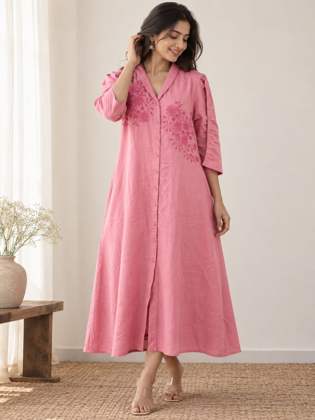 Belted Floral Embroidered Shirt Dress - Pink