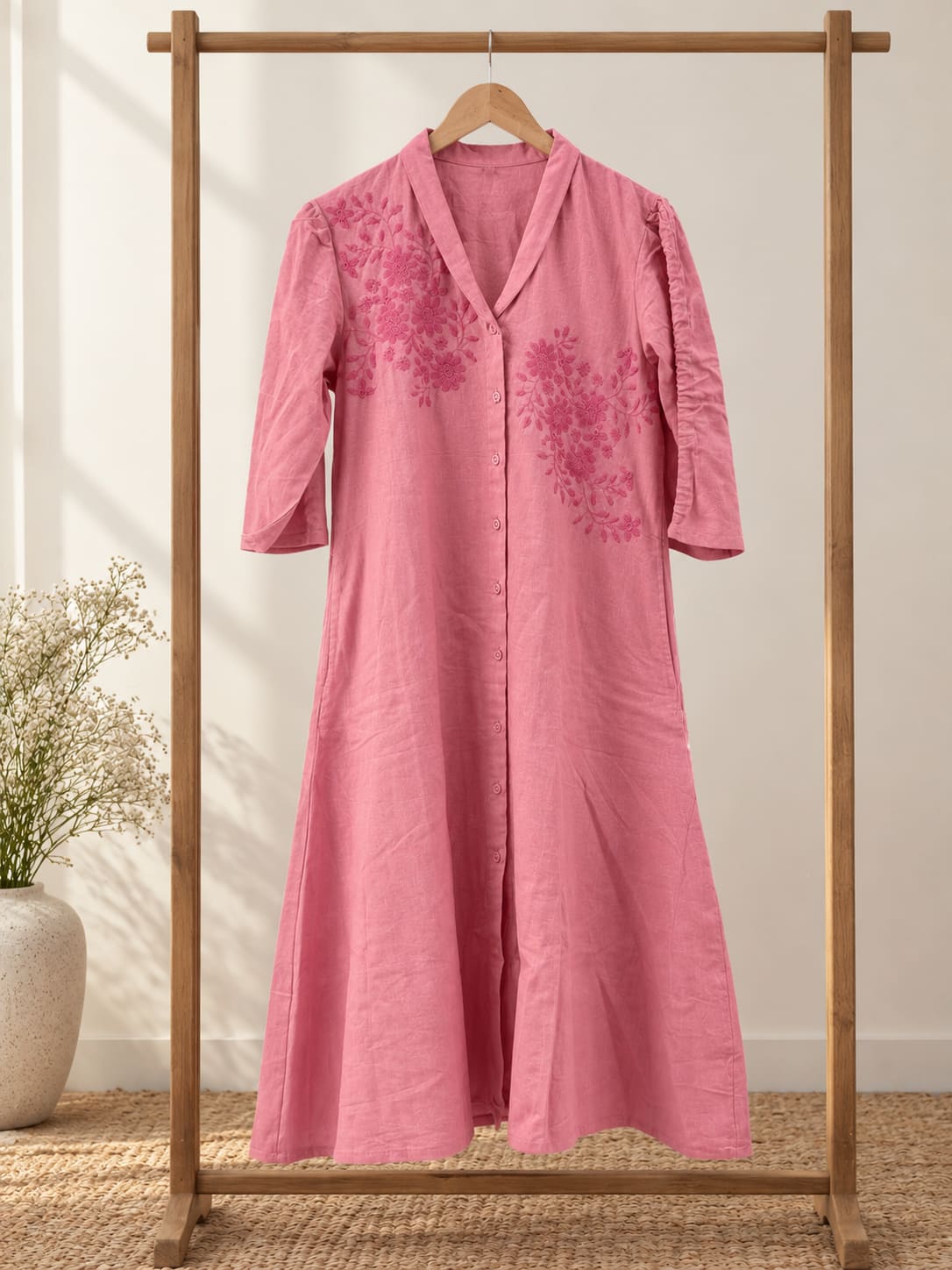 Belted Floral Embroidered Shirt Dress - Pink