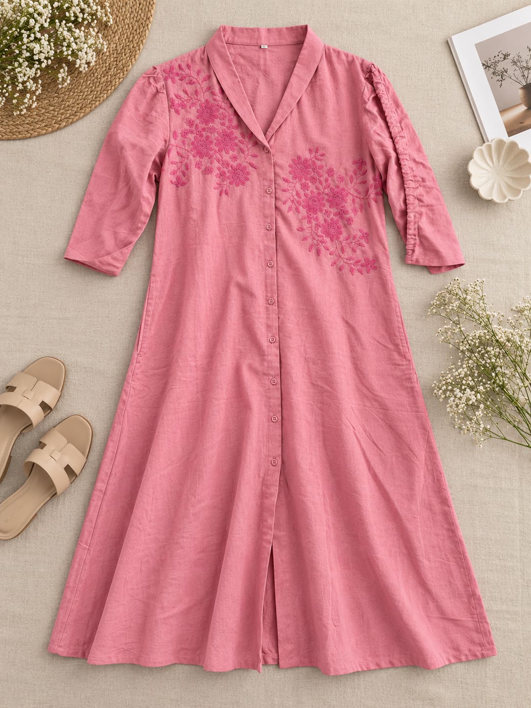 Belted Floral Embroidered Shirt Dress - Pink
