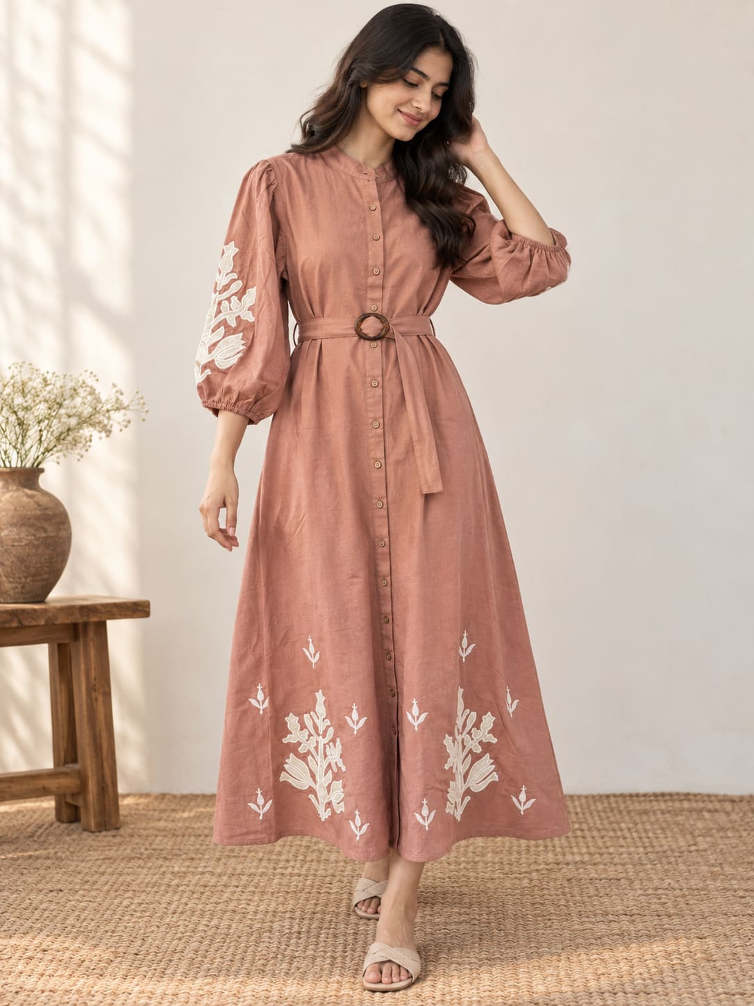 Belted Puff-Sleeve Embroidered Dress - Light Brown