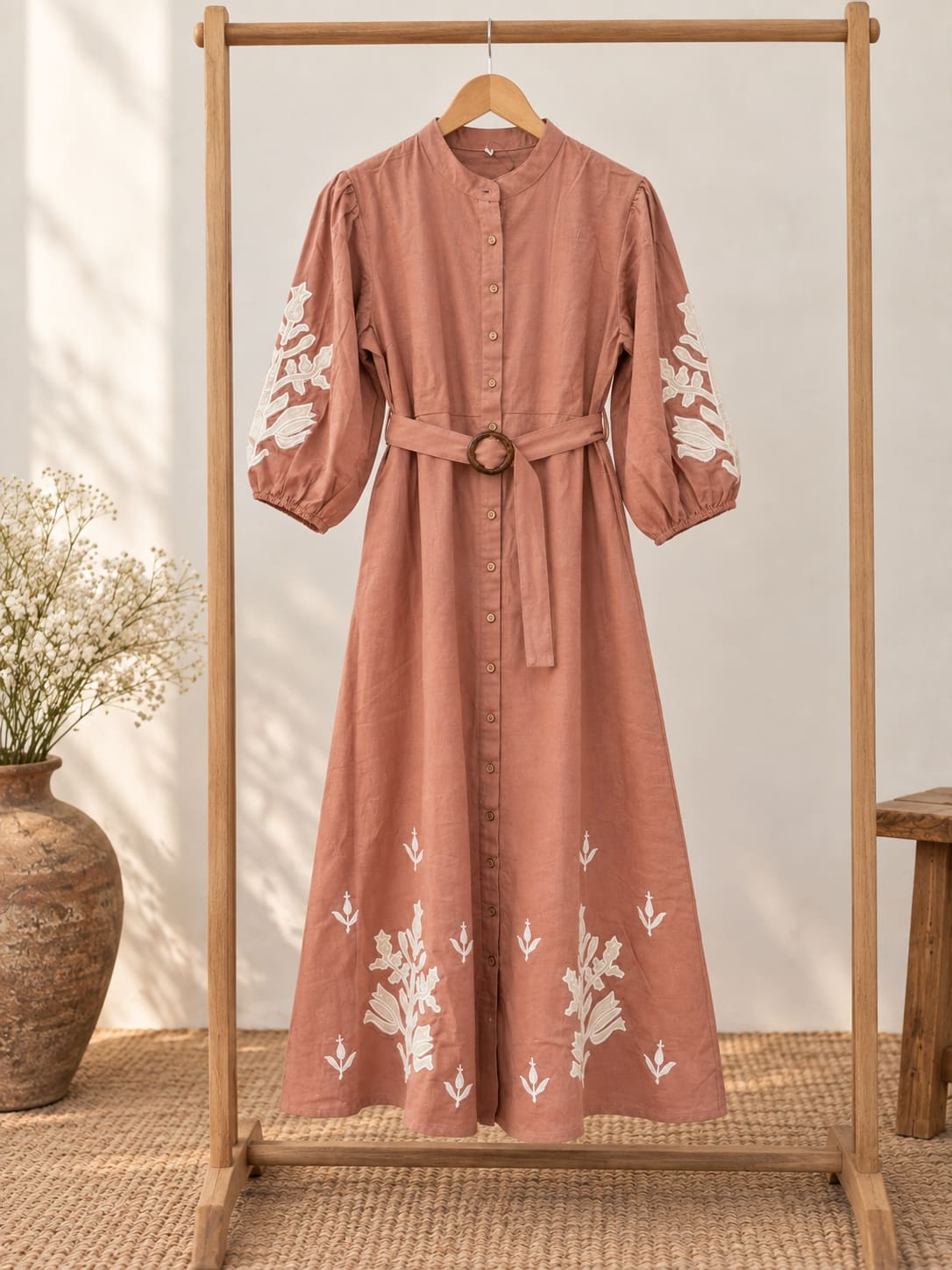 Belted Puff-Sleeve Embroidered Dress - Light Brown