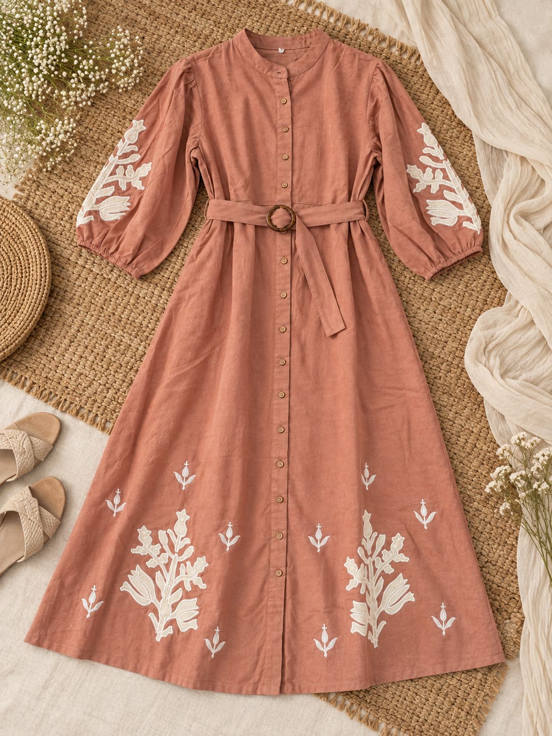 Belted Puff-Sleeve Embroidered Dress - Light Brown