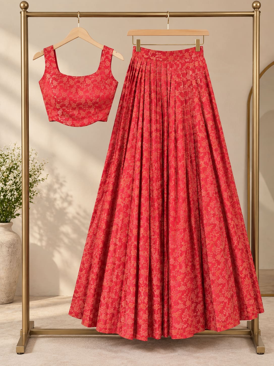 Banaras Crop Top & Lehenga Skirt Set - Red