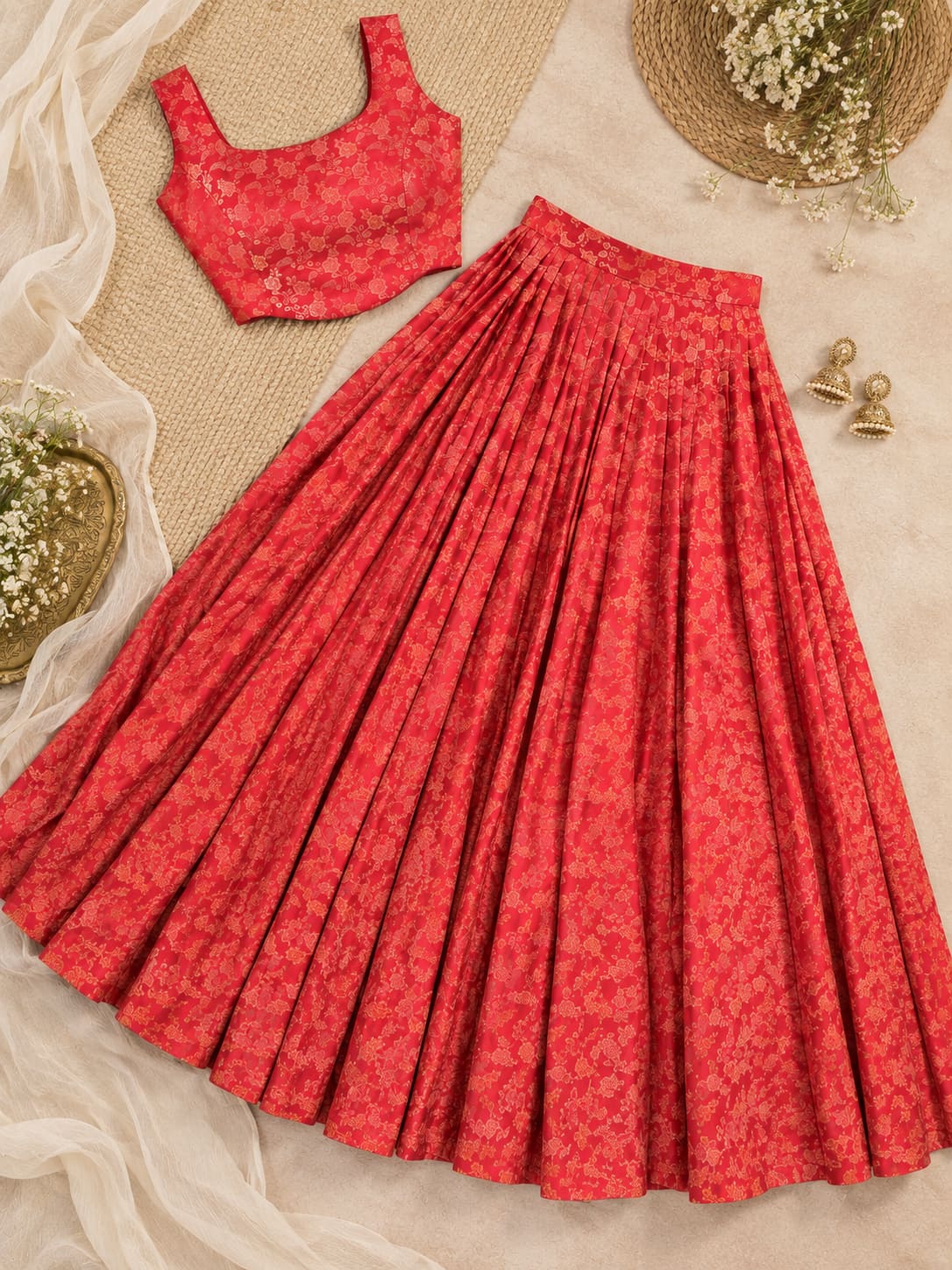 Banaras Crop Top & Lehenga Skirt Set - Red