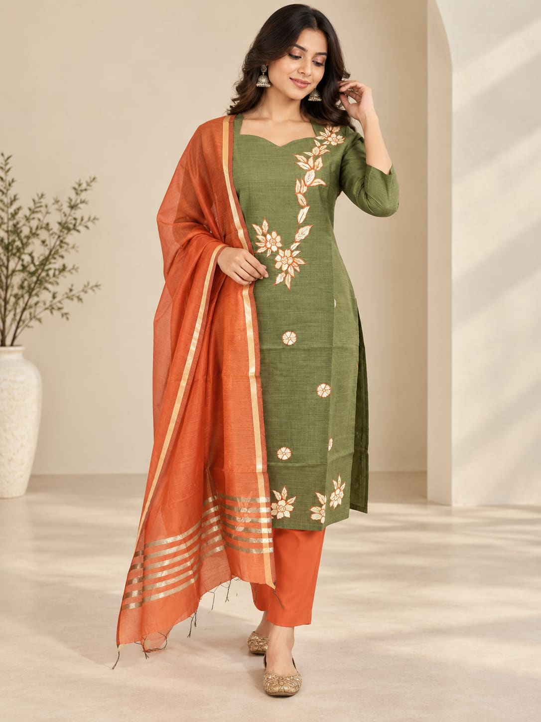 Contrast Embroidered Kurta, Pants & Dupatta Set - Olive