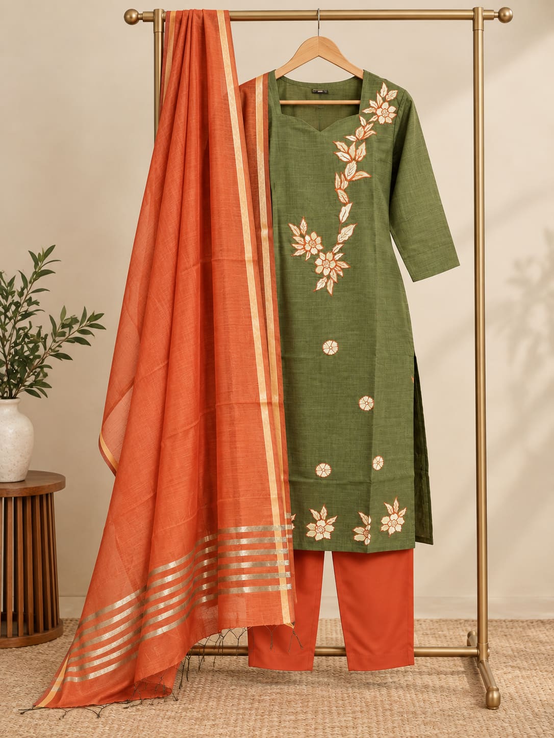 Contrast Embroidered Kurta, Pants & Dupatta Set - Olive
