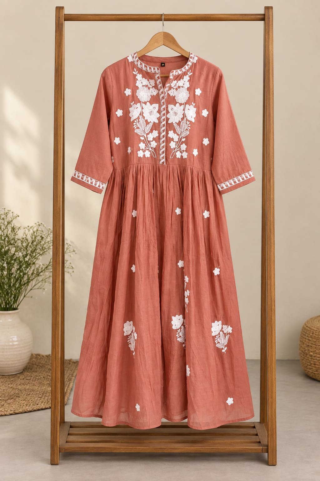 Embroidered Anarkali Maxi Dress - Rust