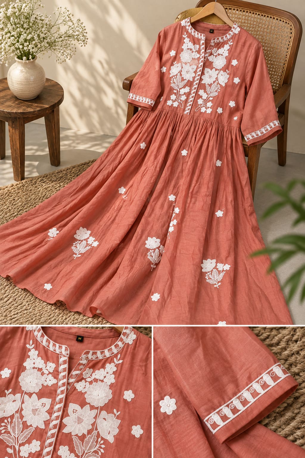 Embroidered Anarkali Maxi Dress - Rust