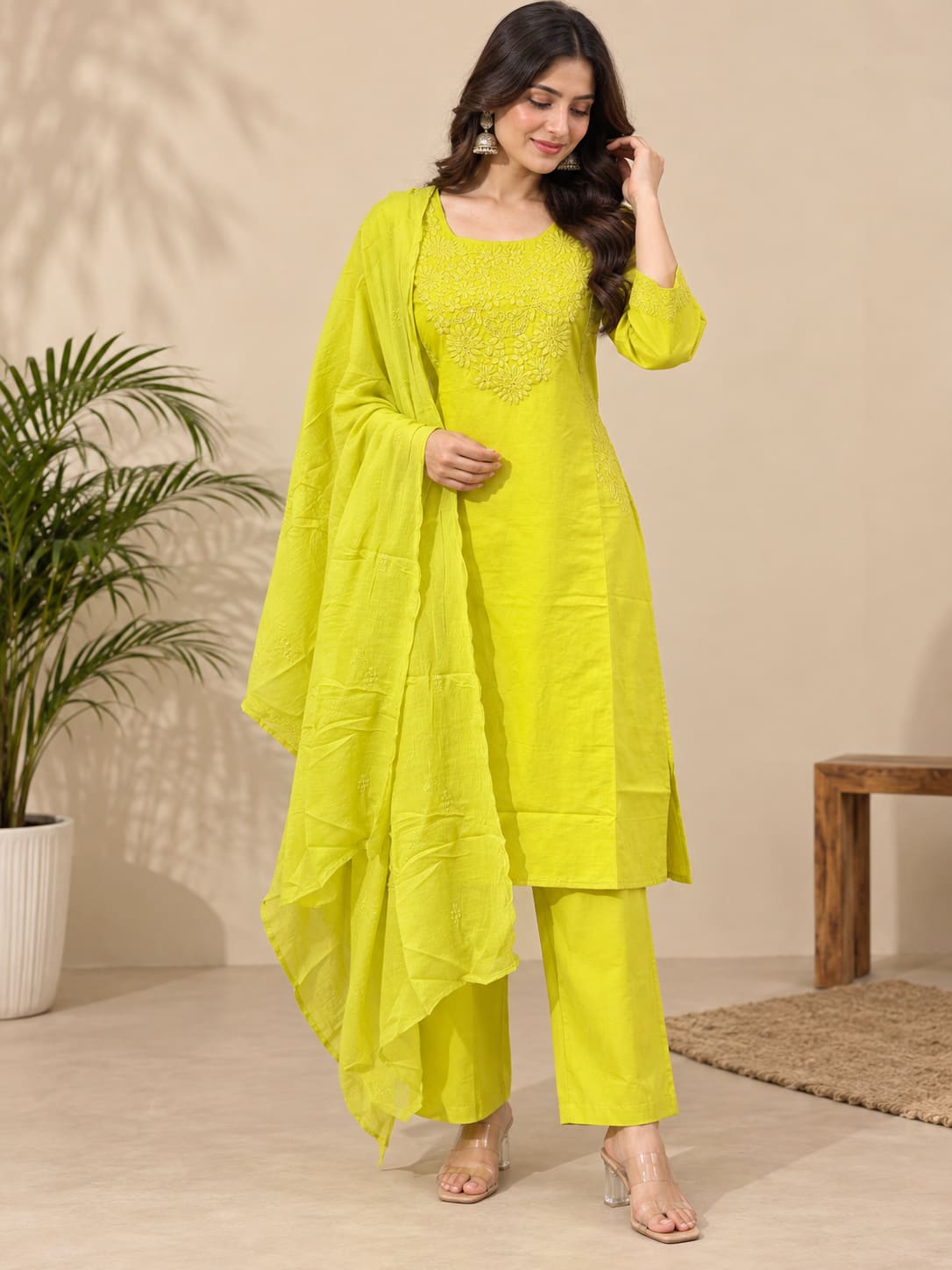 Embroidered Kurta, Pants & Dupatta Set - Lime
