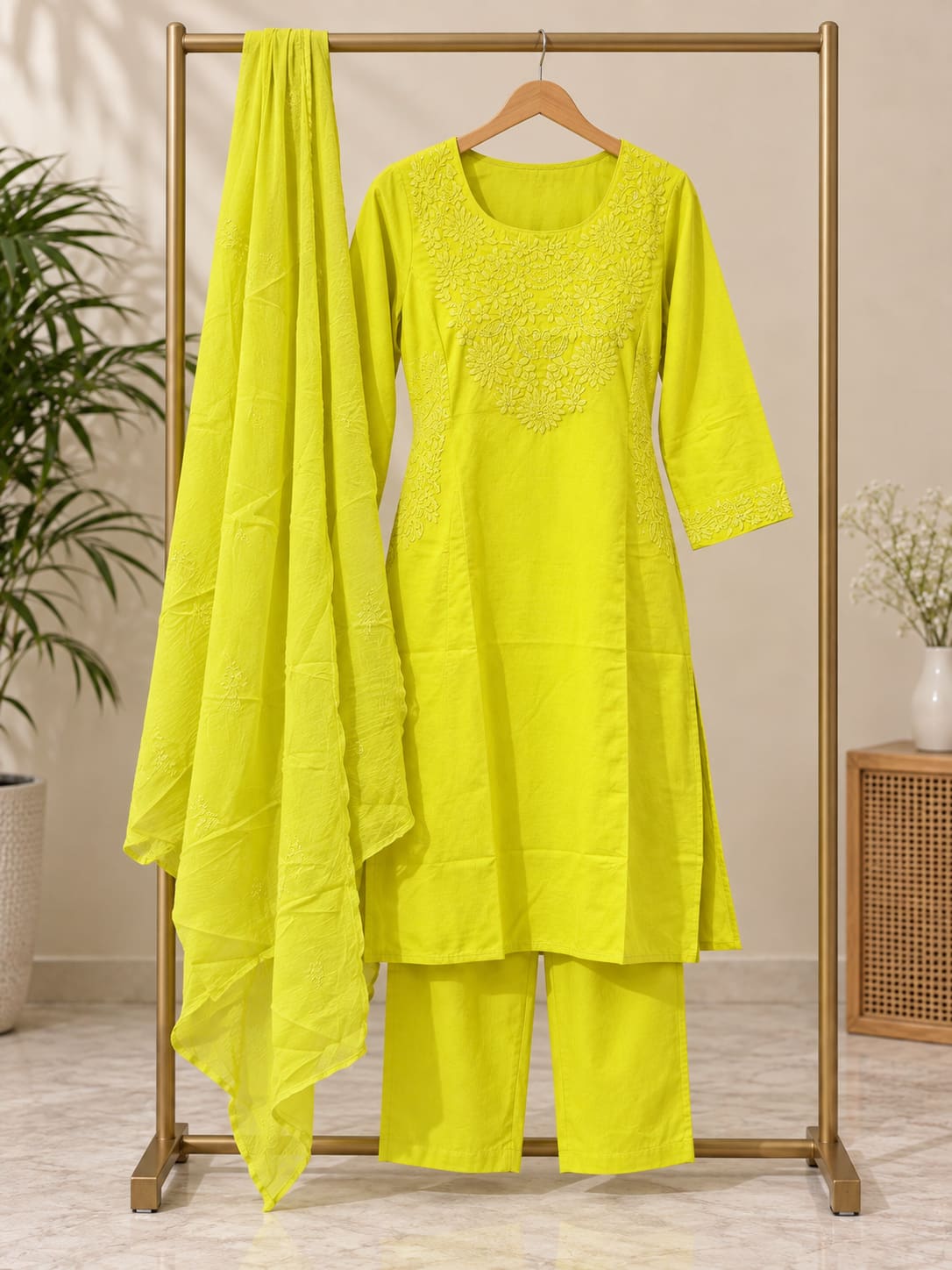 Embroidered Kurta, Pants & Dupatta Set - Lime