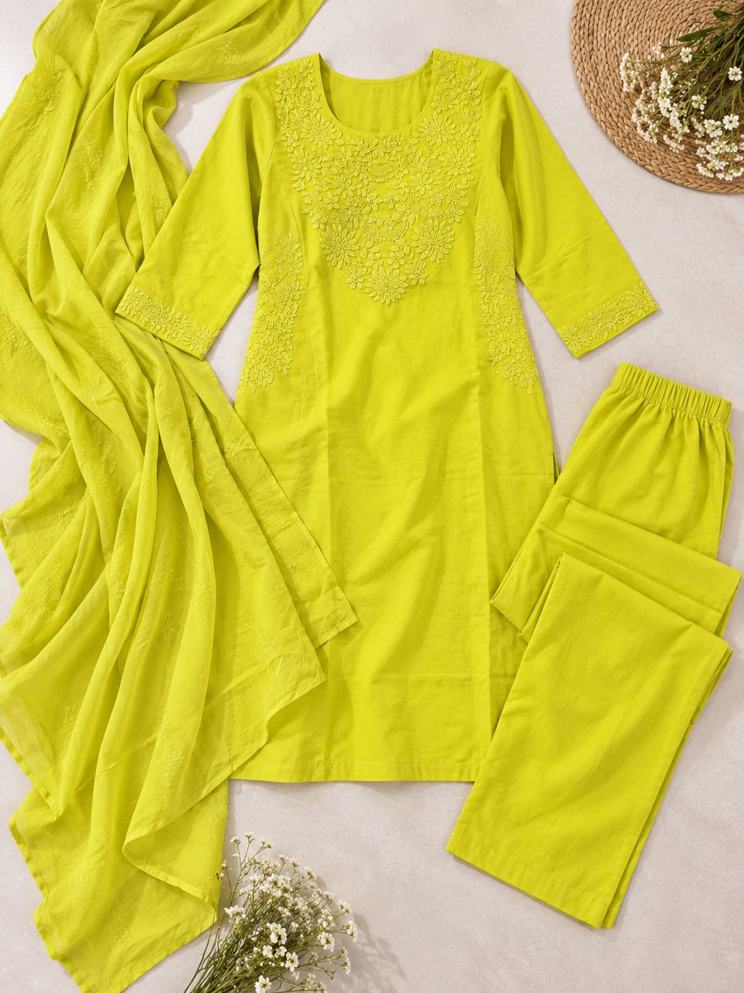 Embroidered Kurta, Pants & Dupatta Set - Lime