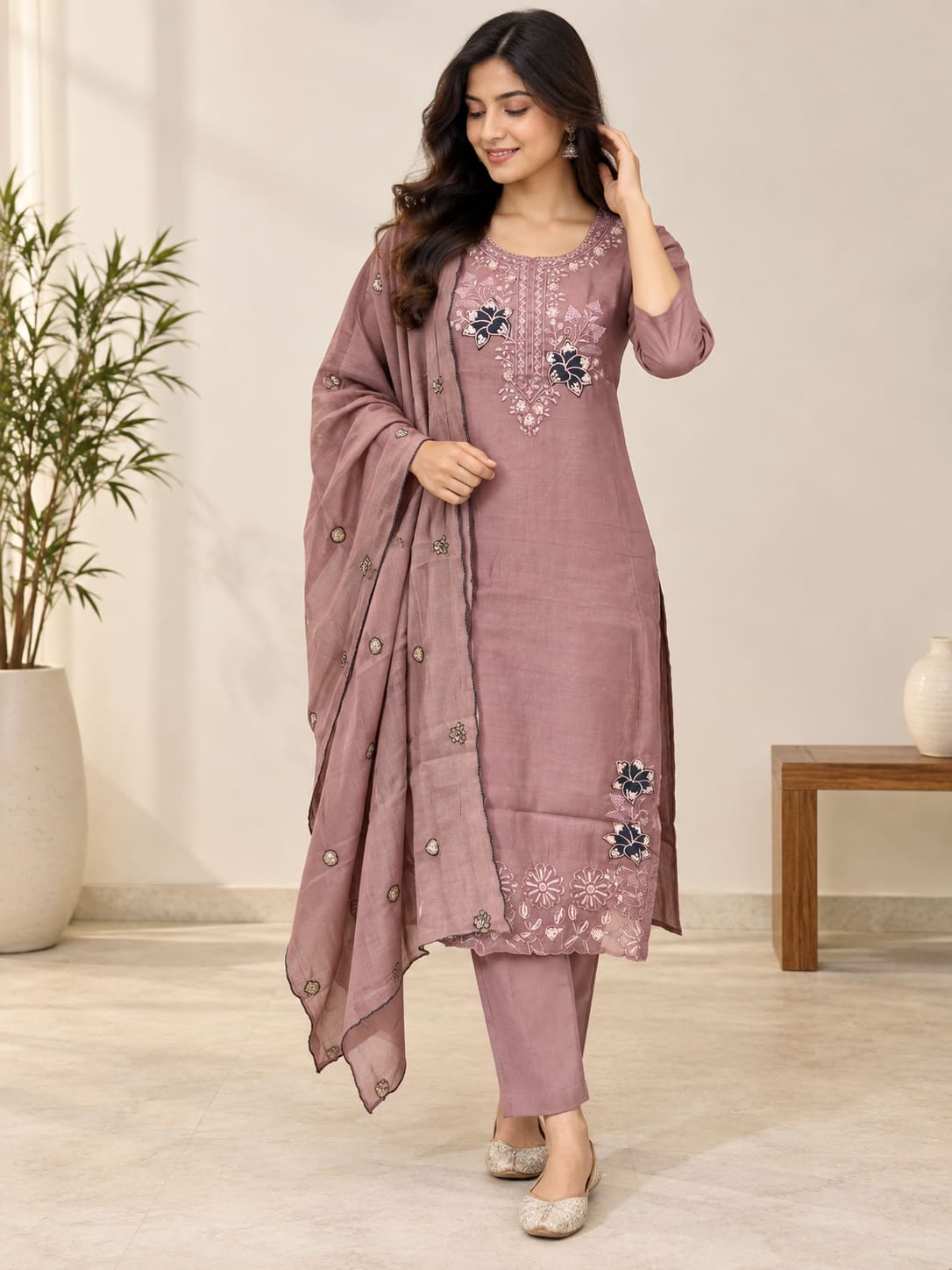 Embroidered Kurta, Pants & Dupatta Set - Mauve