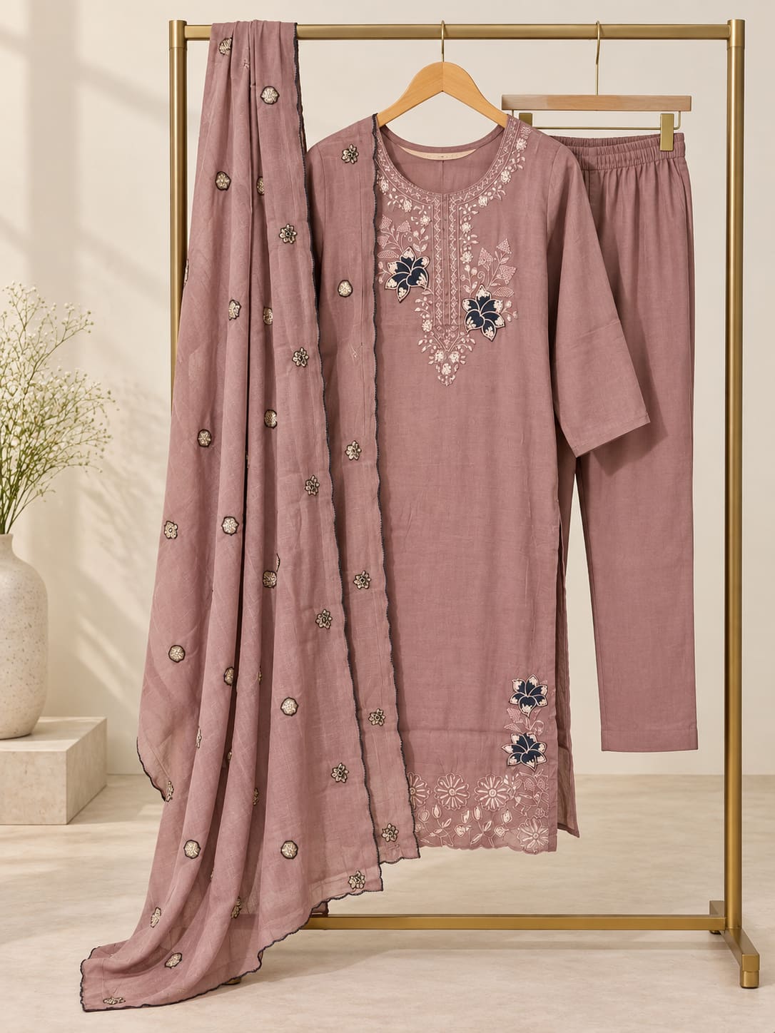 Embroidered Kurta, Pants & Dupatta Set - Mauve