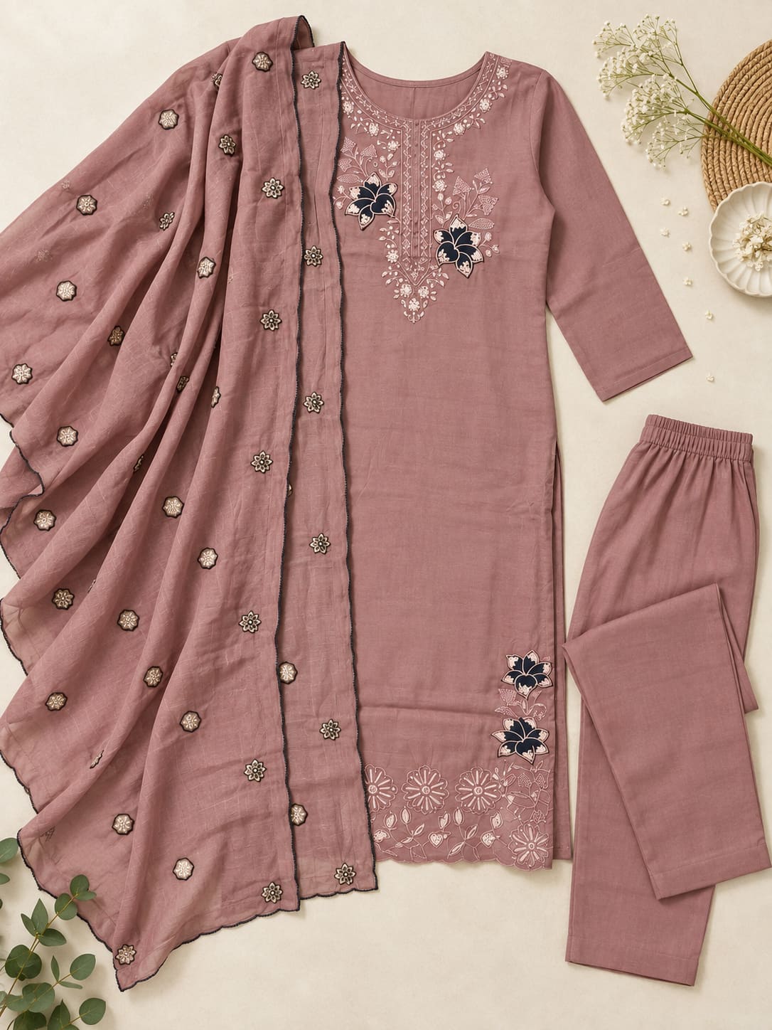 Embroidered Kurta, Pants & Dupatta Set - Mauve