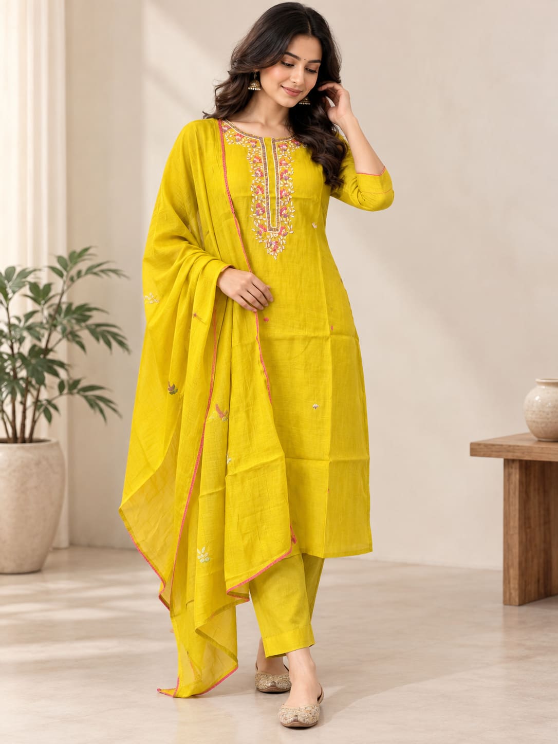 Embroidered Kurta, Pants & Dupatta Set - Mustard