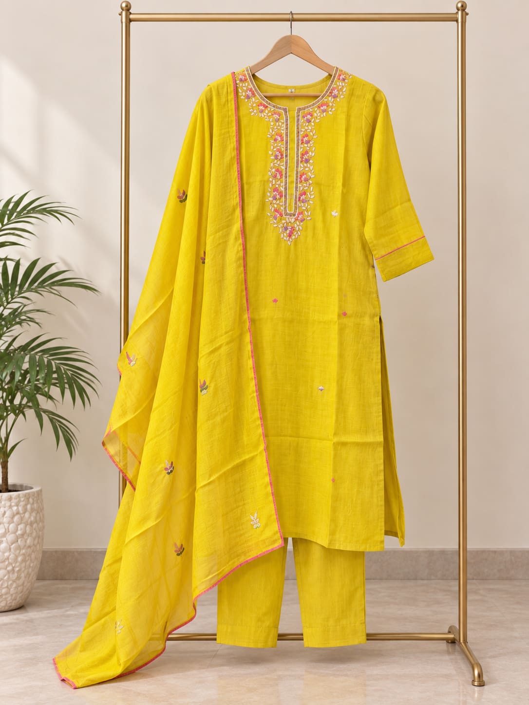 Embroidered Kurta, Pants & Dupatta Set - Mustard