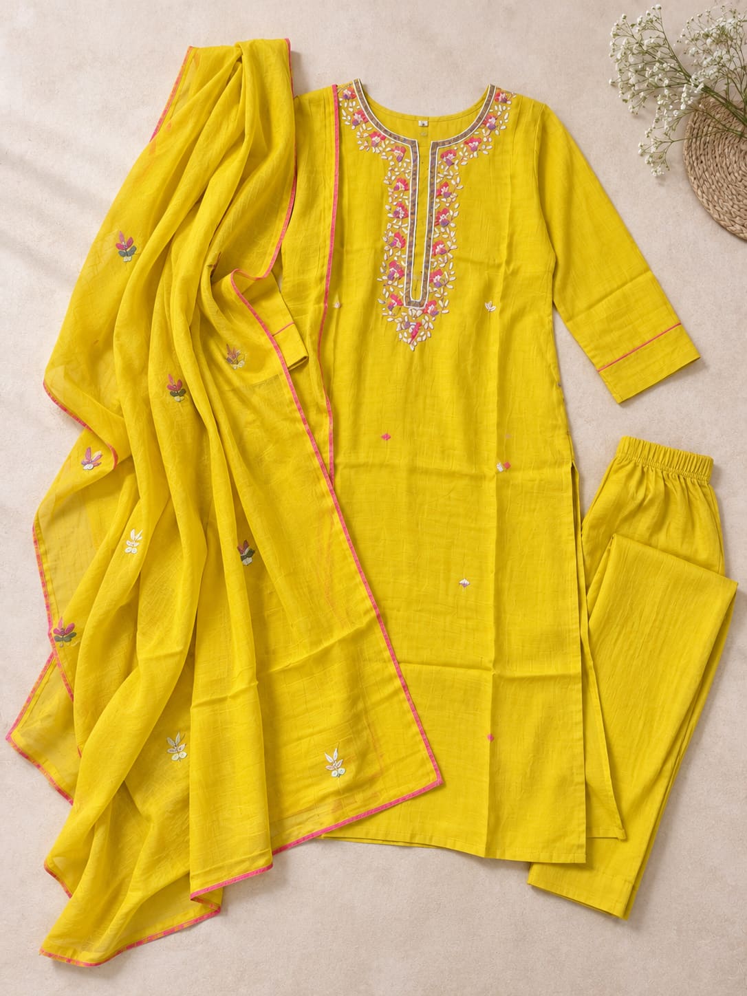Embroidered Kurta, Pants & Dupatta Set - Mustard