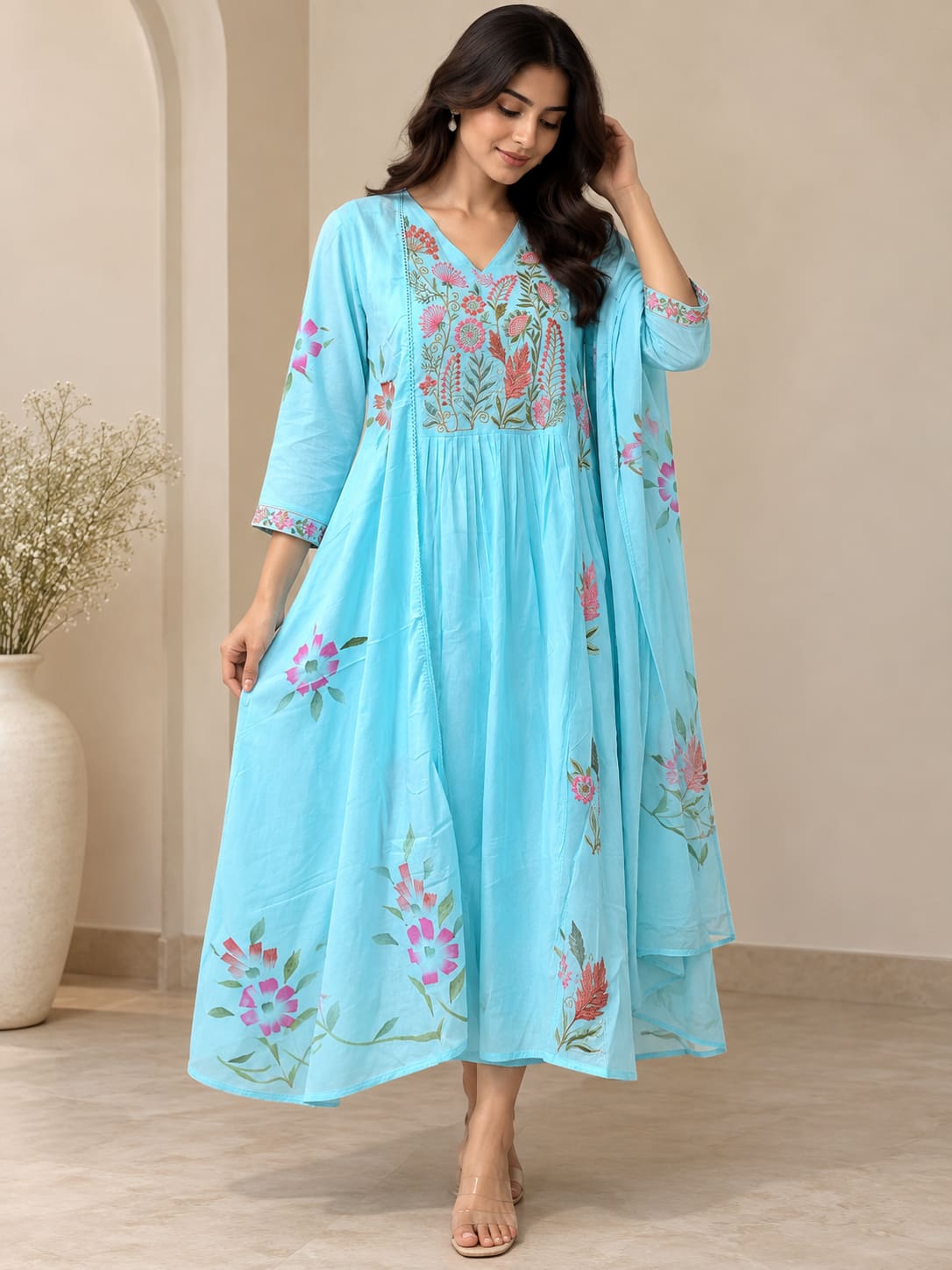 Floral Embroidered Anarkali Kurta & Dupatta Set - Sky Blue