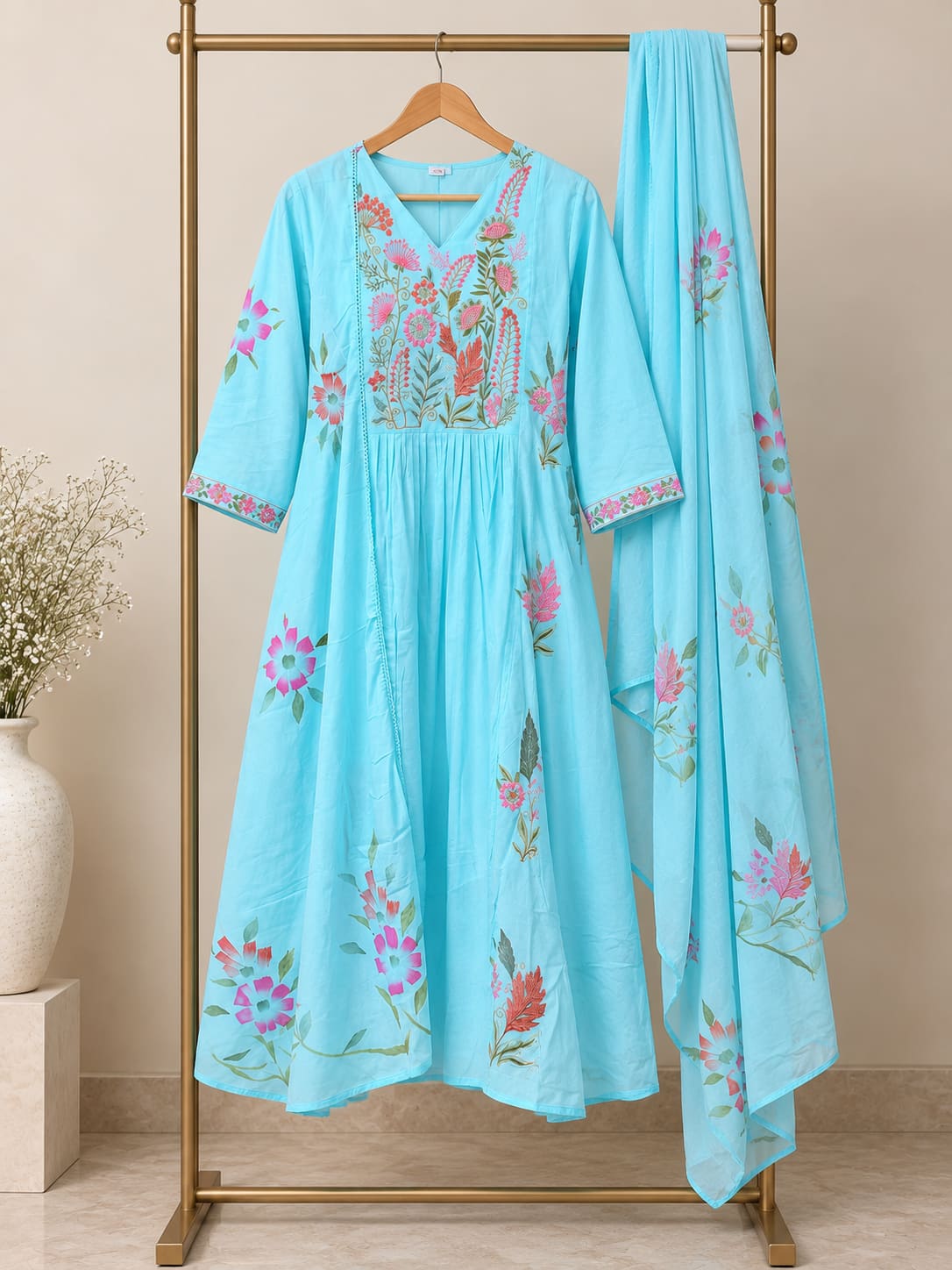 Floral Embroidered Anarkali Kurta & Dupatta Set - Sky Blue