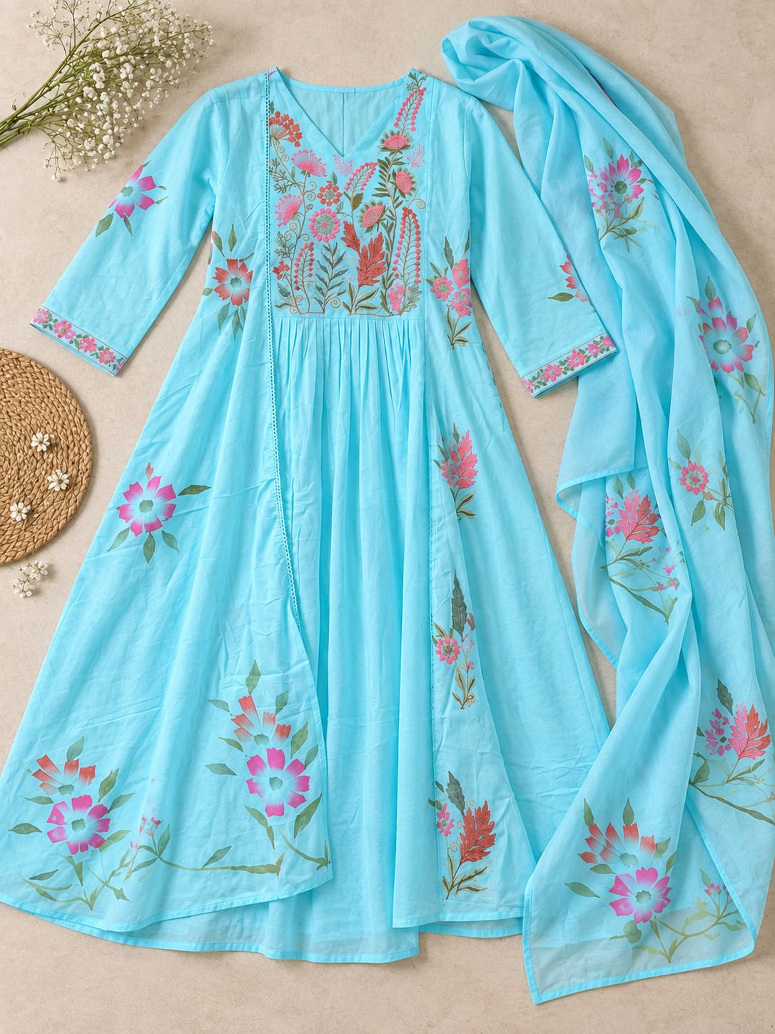 Floral Embroidered Anarkali Kurta & Dupatta Set - Sky Blue