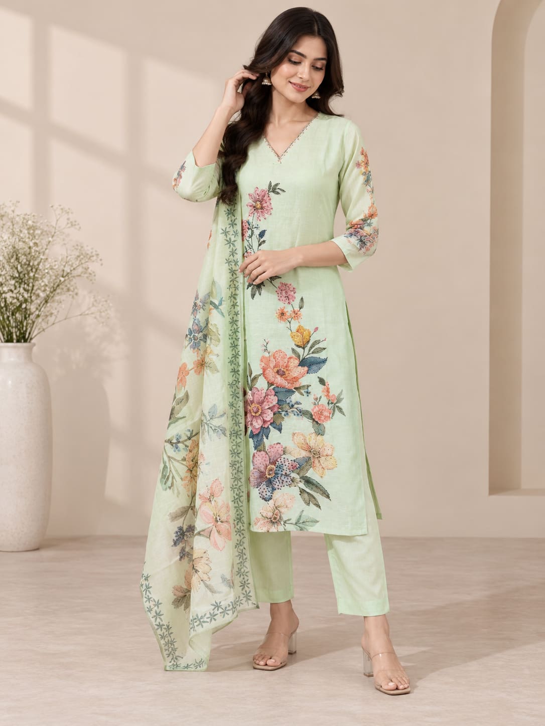Floral Embroidered Kurta, Pants & Dupatta Set - Mint