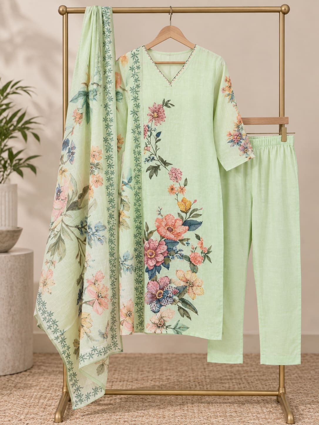 Floral Embroidered Kurta, Pants & Dupatta Set - Mint