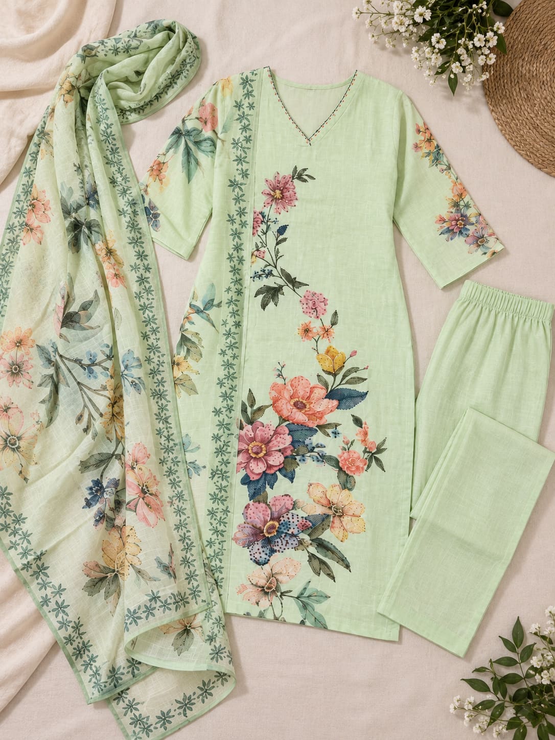 Floral Embroidered Kurta, Pants & Dupatta Set - Mint