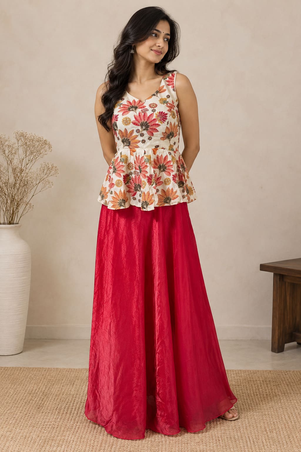Floral Peplum Top & Skirt Co-ord Set - Rani Pink