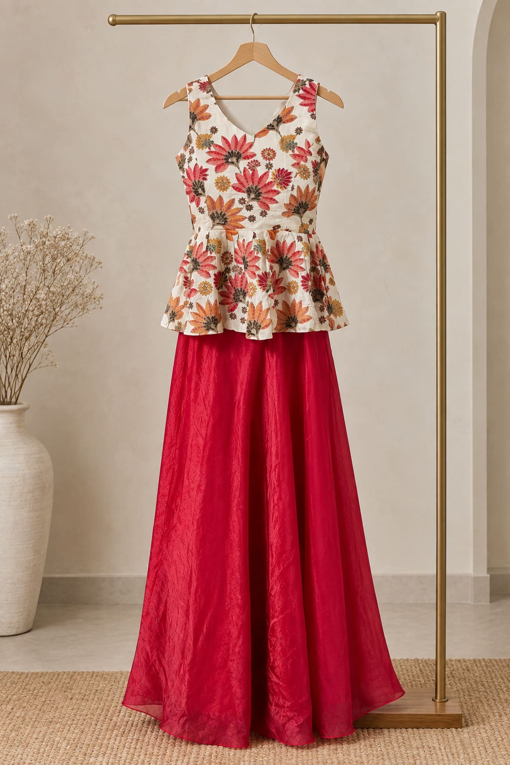 Floral Peplum Top & Skirt Co-ord Set - Rani Pink