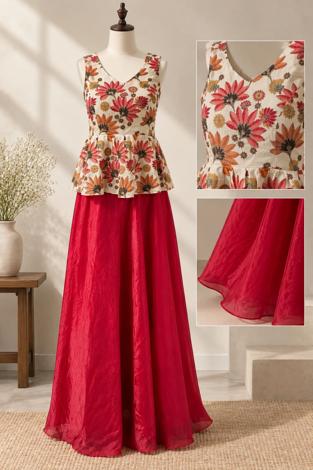 Floral Peplum Top & Skirt Co-ord Set - Rani Pink