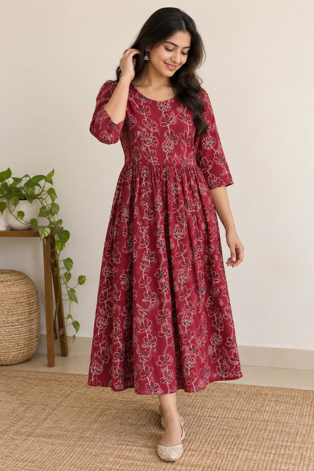 Floral Print Fit-and-Flare Dress - Maroon