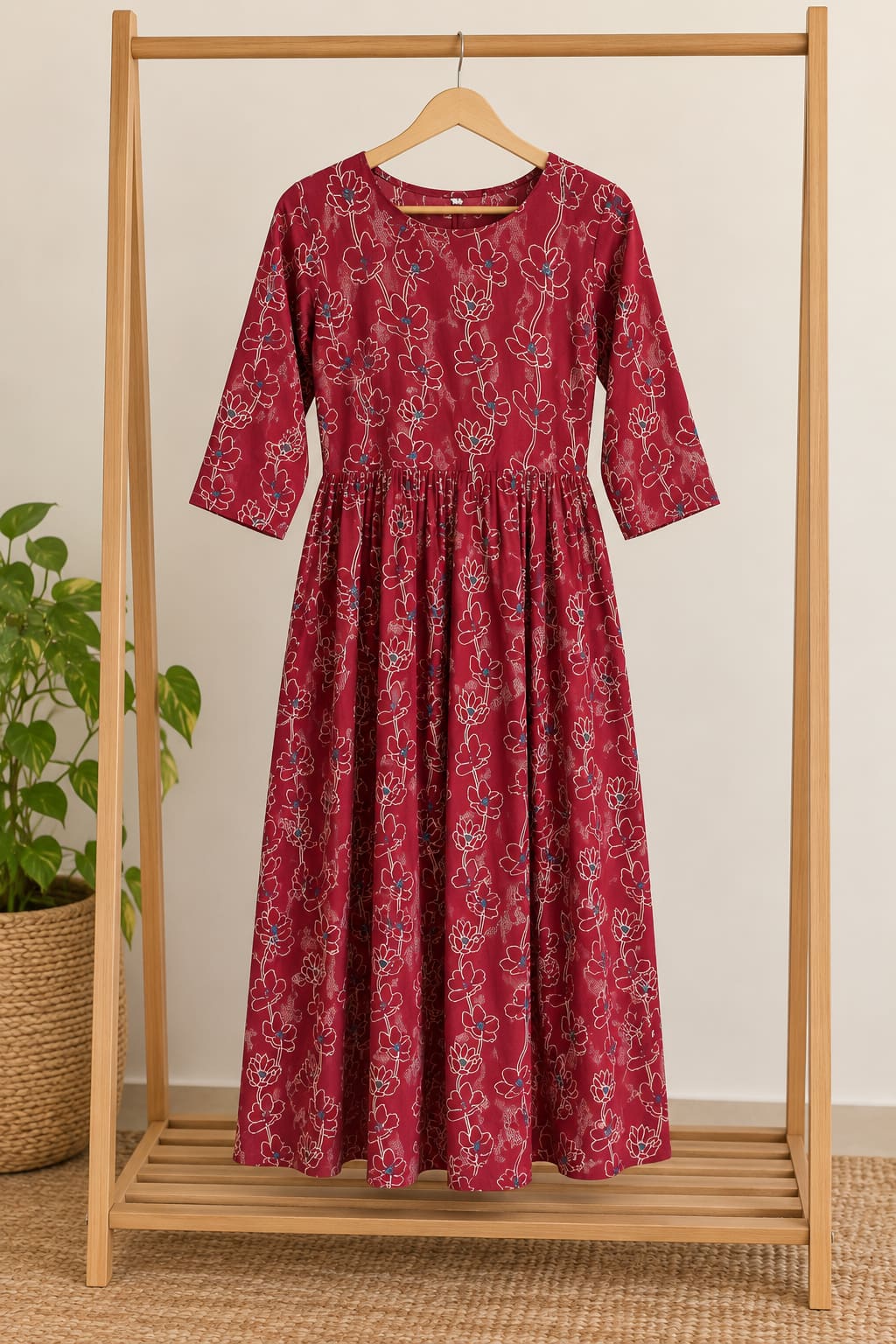 Floral Print Fit-and-Flare Dress - Maroon