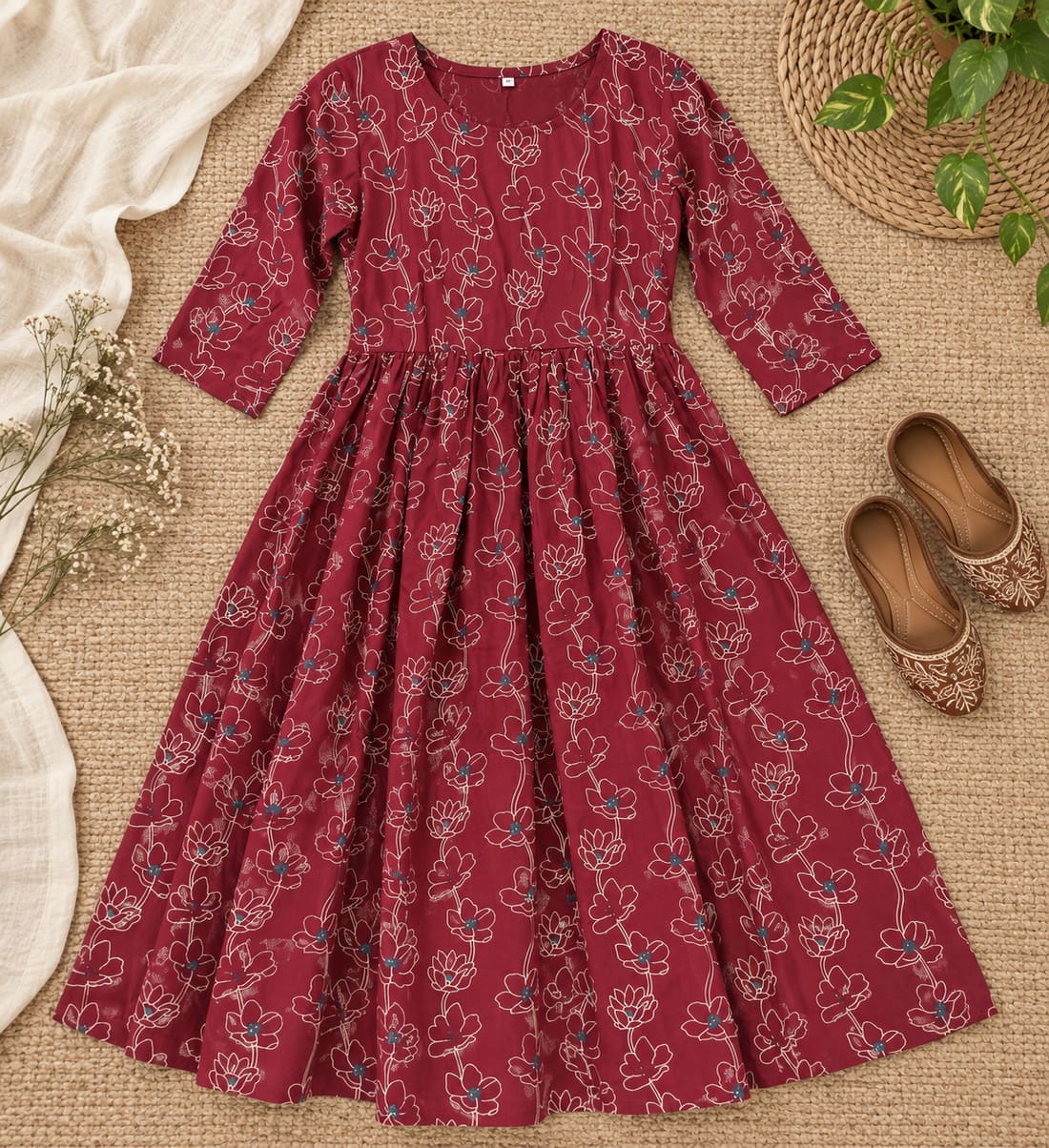Floral Print Fit-and-Flare Dress - Maroon