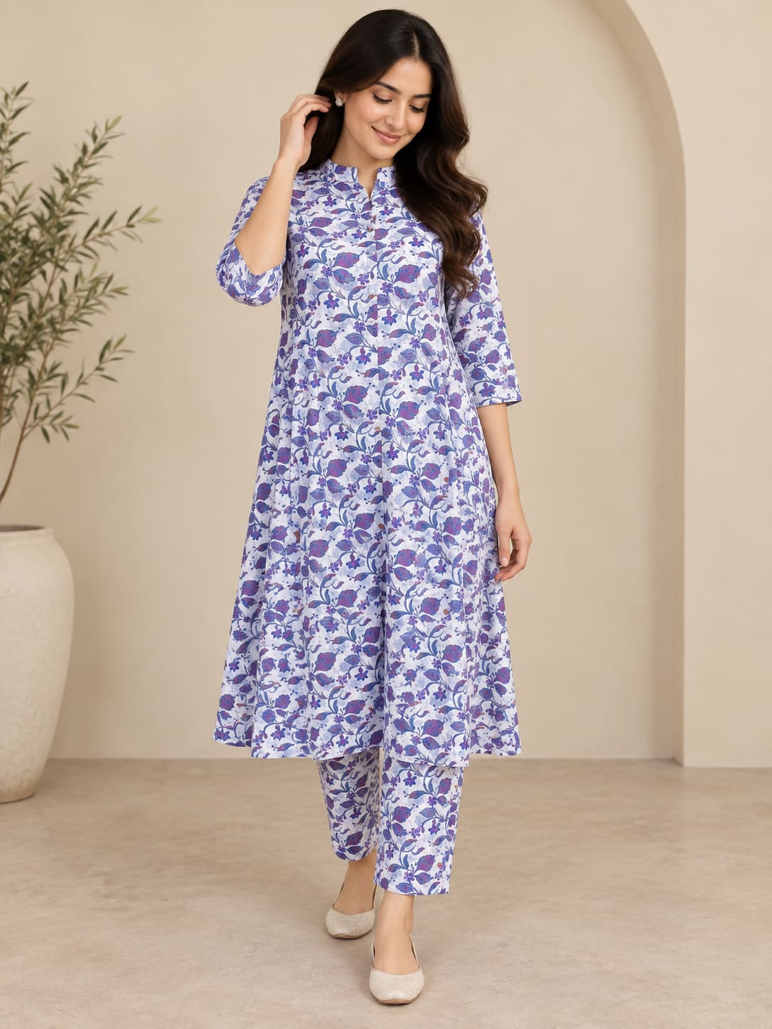 Floral Print Kurta & Pants Co-ord Set - Lavender