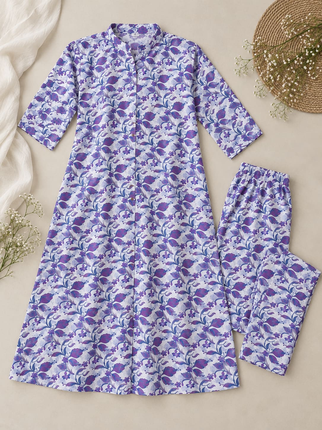 Floral Print Kurta & Pants Co-ord Set - Lavender