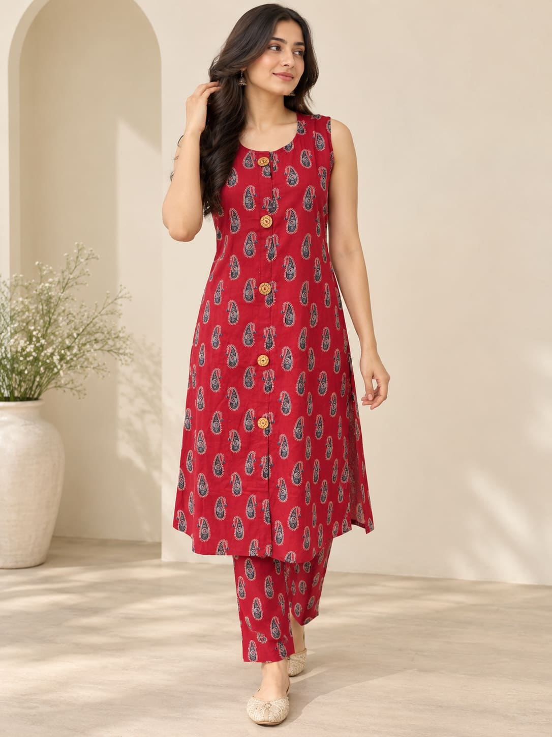 Paisley Print Kurta & Pants Co-ord Set - Red