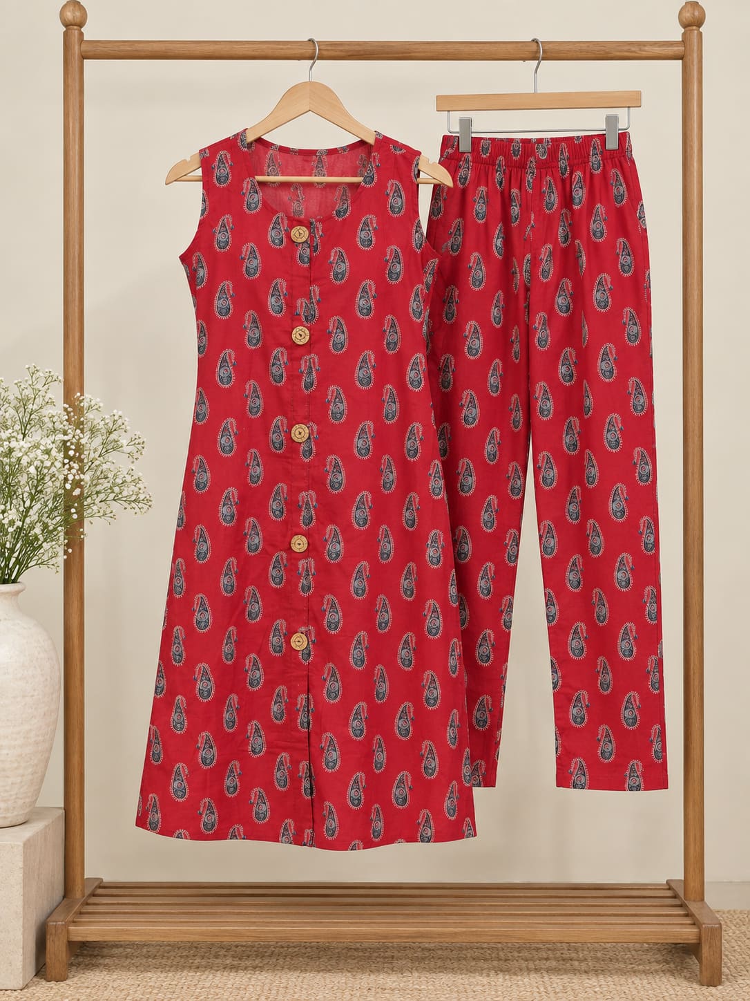 Paisley Print Kurta & Pants Co-ord Set - Red
