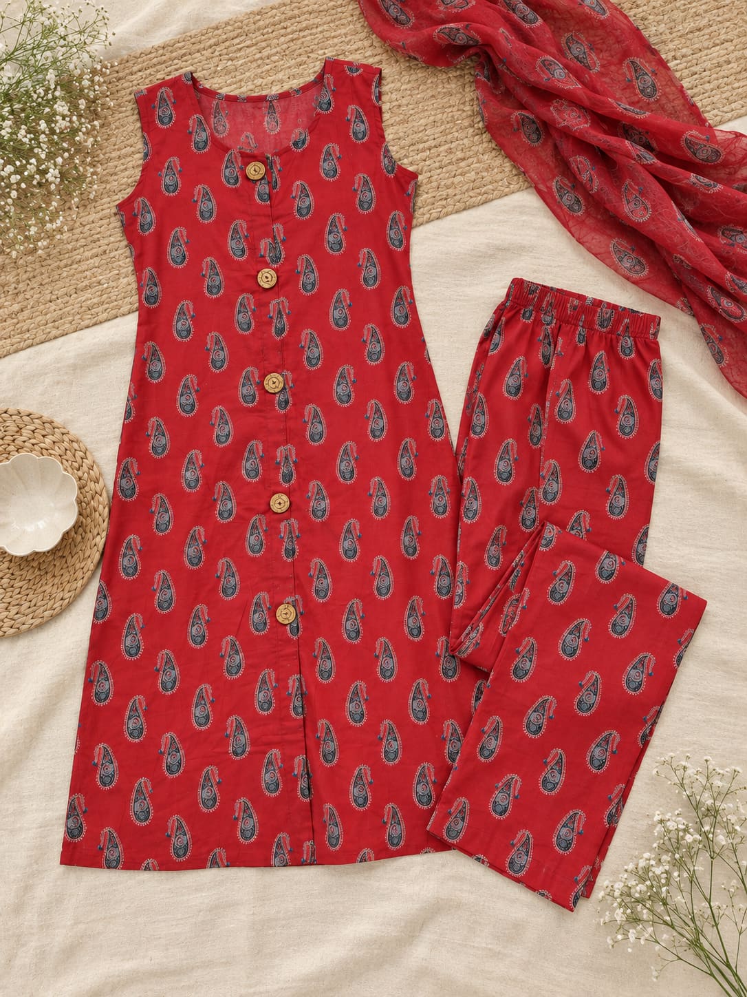 Paisley Print Kurta & Pants Co-ord Set - Red