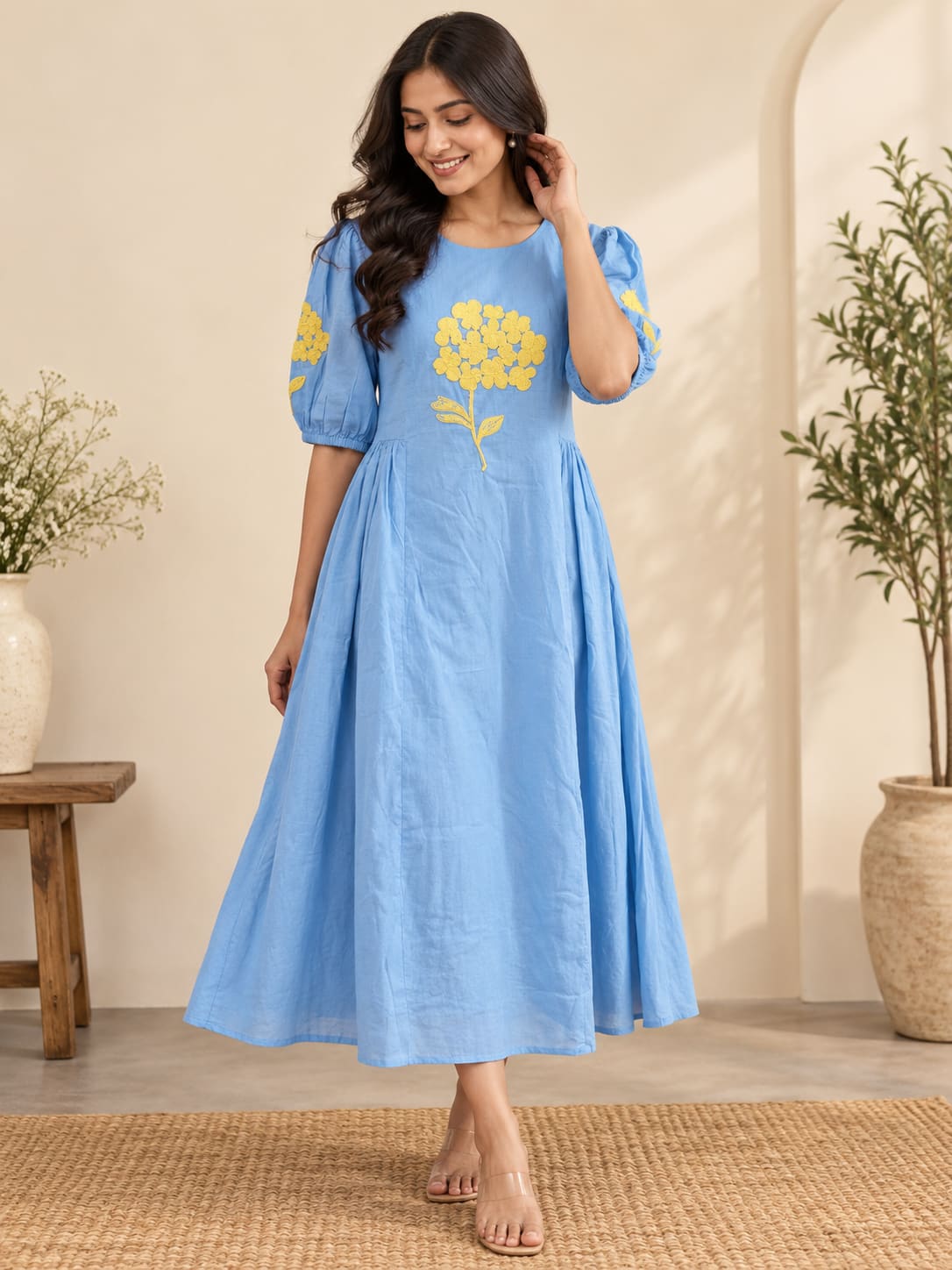 Puff-Sleeve Floral Embroidered Dress - Sky Blue