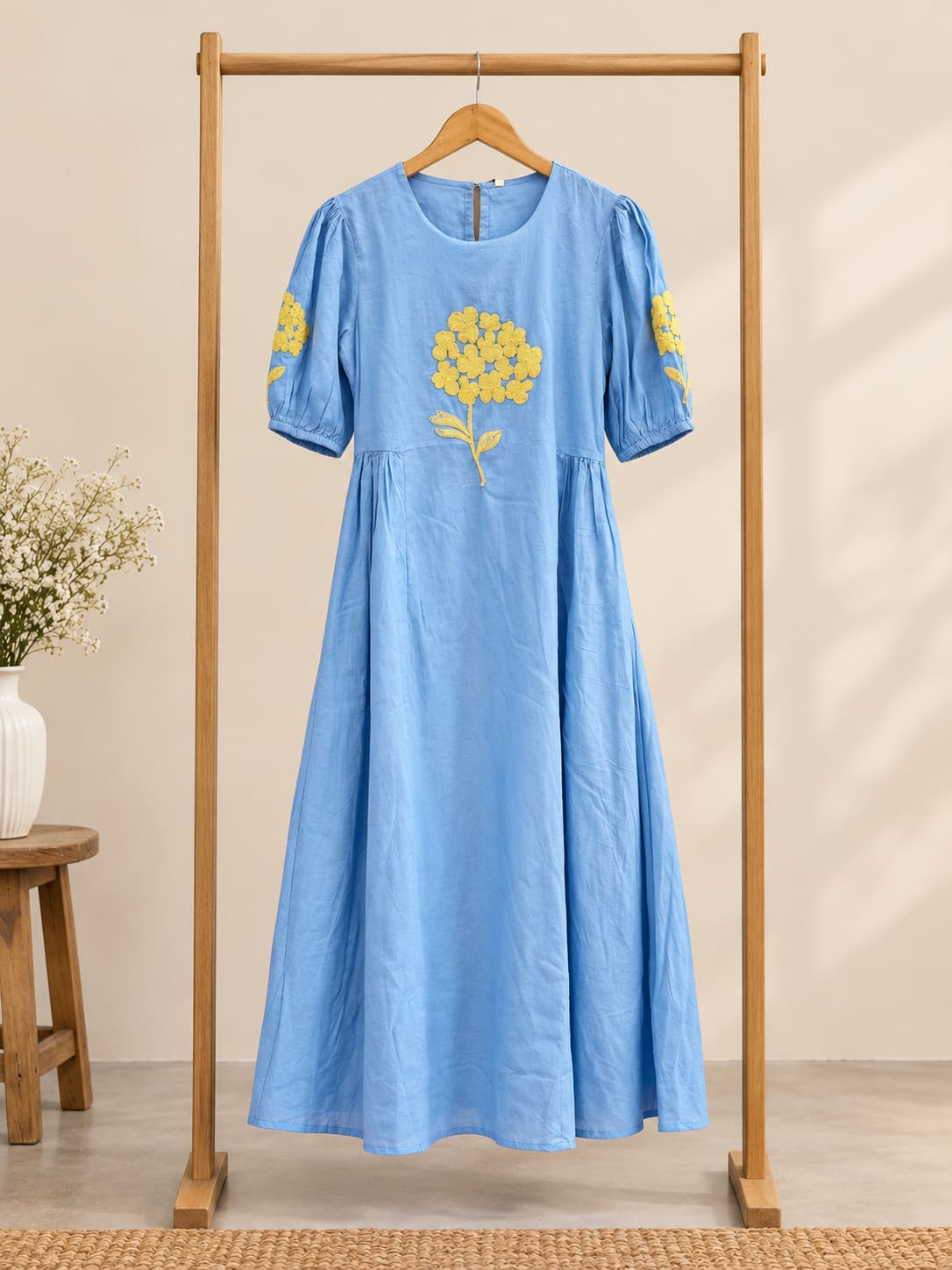 Puff-Sleeve Floral Embroidered Dress - Sky Blue