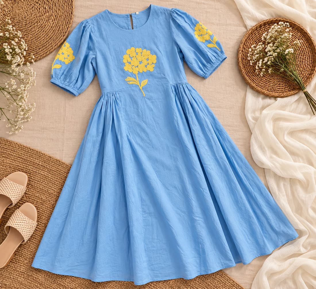 Puff-Sleeve Floral Embroidered Dress - Sky Blue