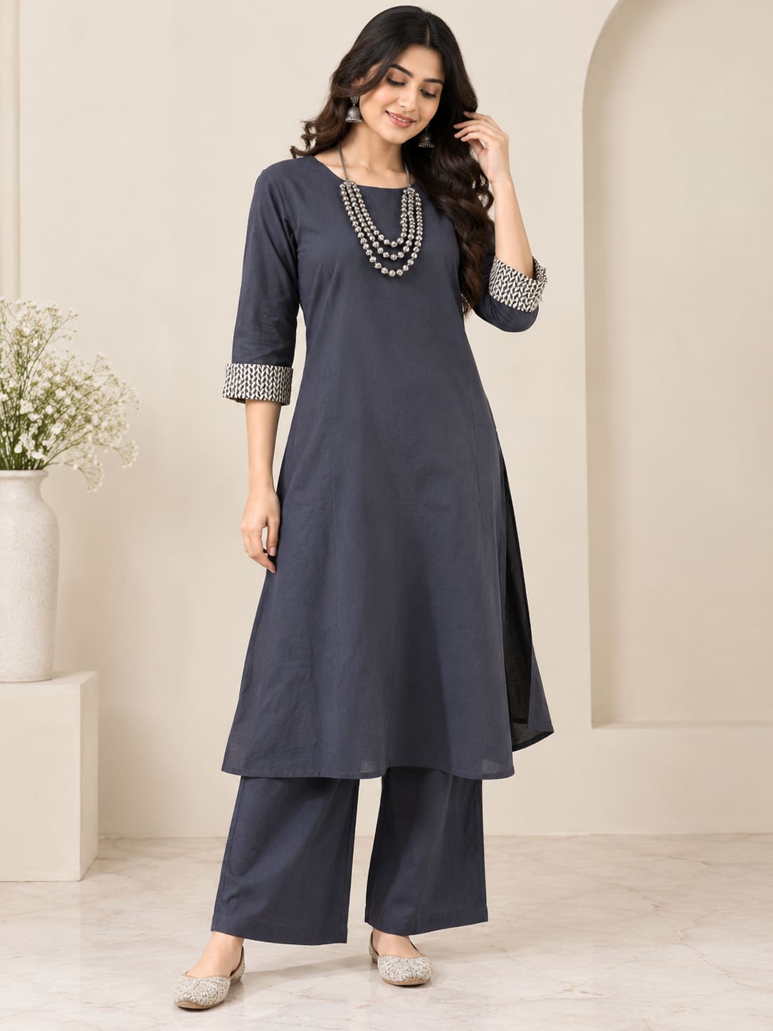 Solid Kurta & Palazzo Co-ord Set - Charcoal