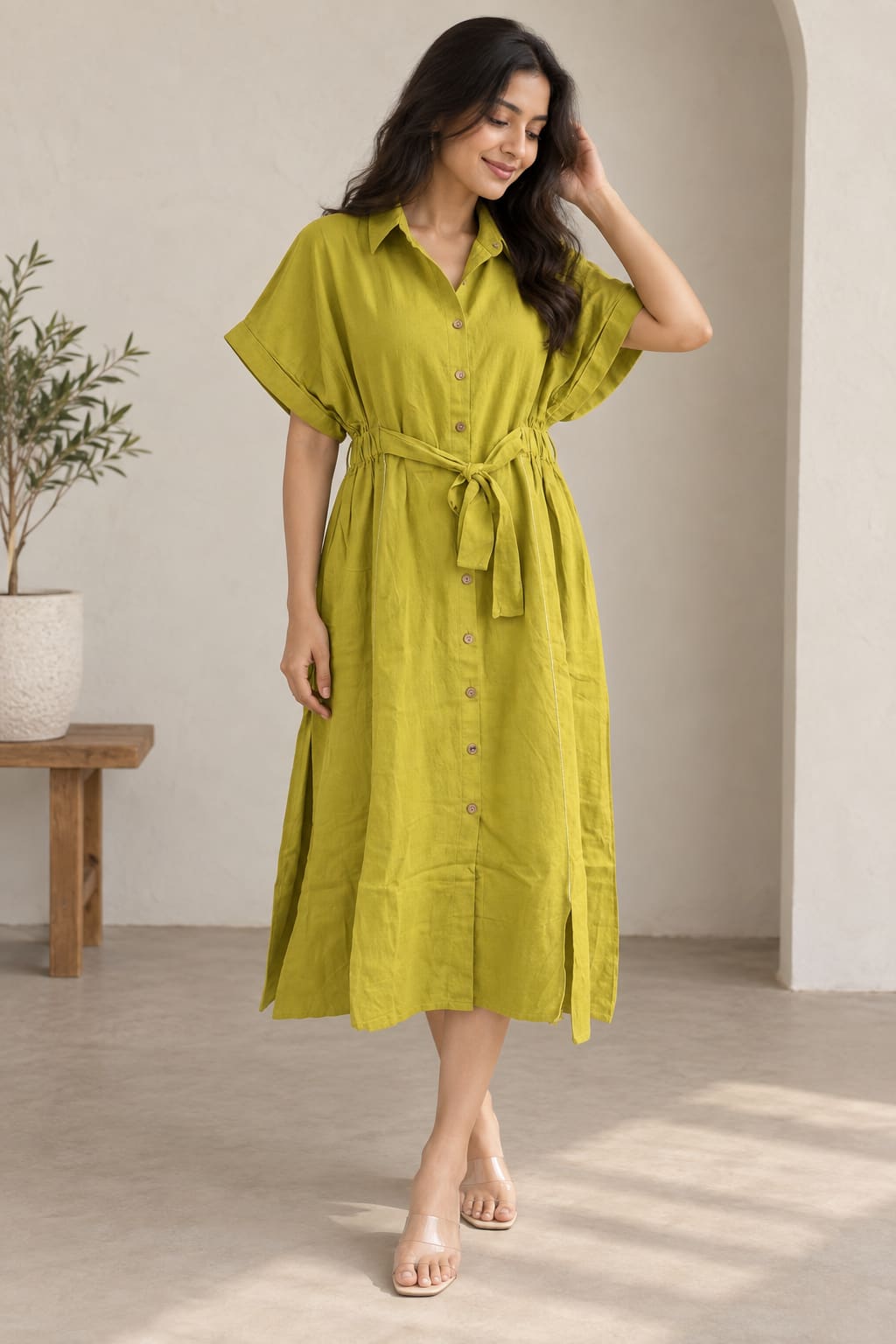 Tie-Waist Cotton Shirt Dress - Olive