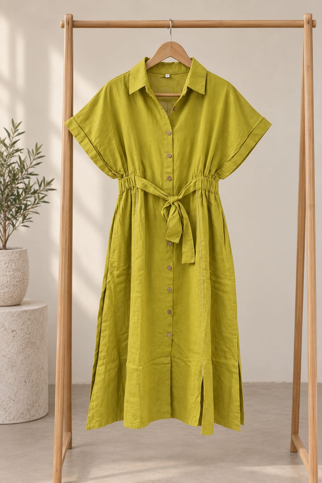 Tie-Waist Cotton Shirt Dress - Olive