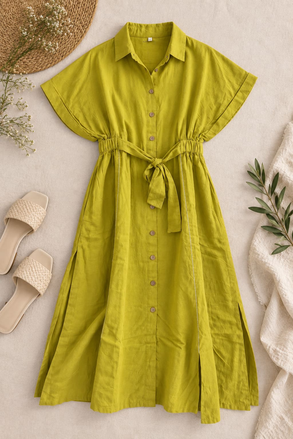 Tie-Waist Cotton Shirt Dress - Olive