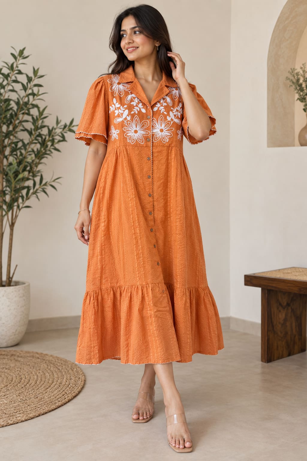 Tiered Floral Embroidered Shirt Dress - Rust