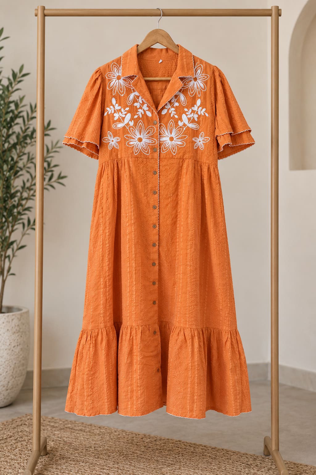 Tiered Floral Embroidered Shirt Dress - Rust