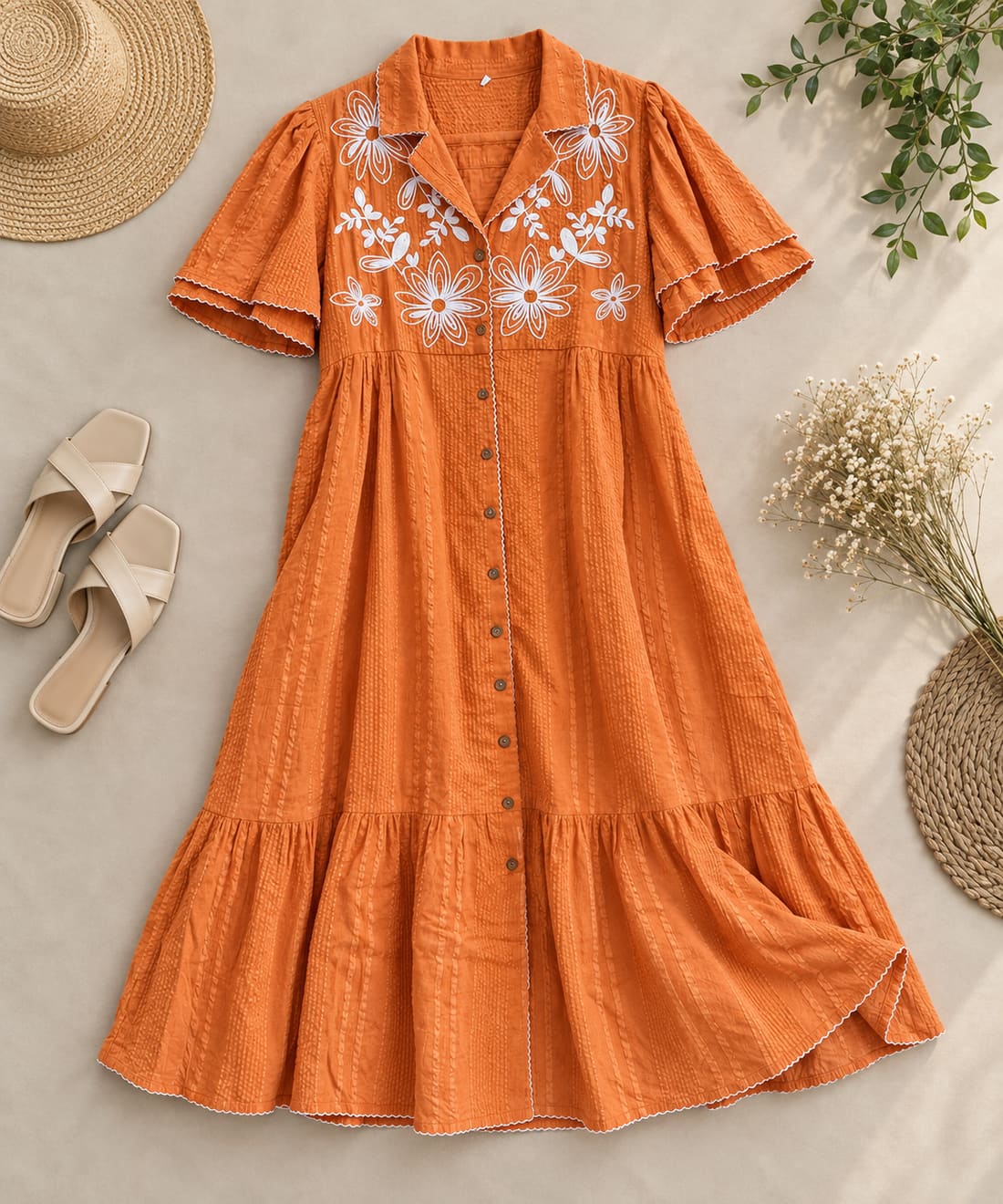 Tiered Floral Embroidered Shirt Dress - Rust